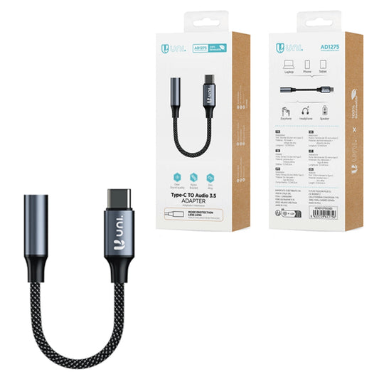 UNICO AD1275 ADAPTADOR AUDIO ALUMINIO NAYLON TIPO-C A JACK 3.5MM HEMBRA 12.5CM GRIS