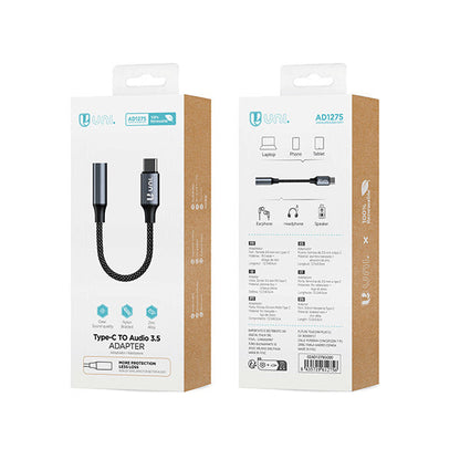 UNICO AD1275 ADAPTADOR AUDIO ALUMINIO NAYLON TIPO-C A JACK 3.5MM HEMBRA 12.5CM GRIS