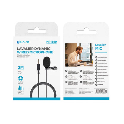 UNICO MP1389 MICROFONE DINÂMICO COM FIO JACK DE LAVALIER 3,5 MM 2 M CLIPE DE REDUÇÃO DE RUÍDO PRETO