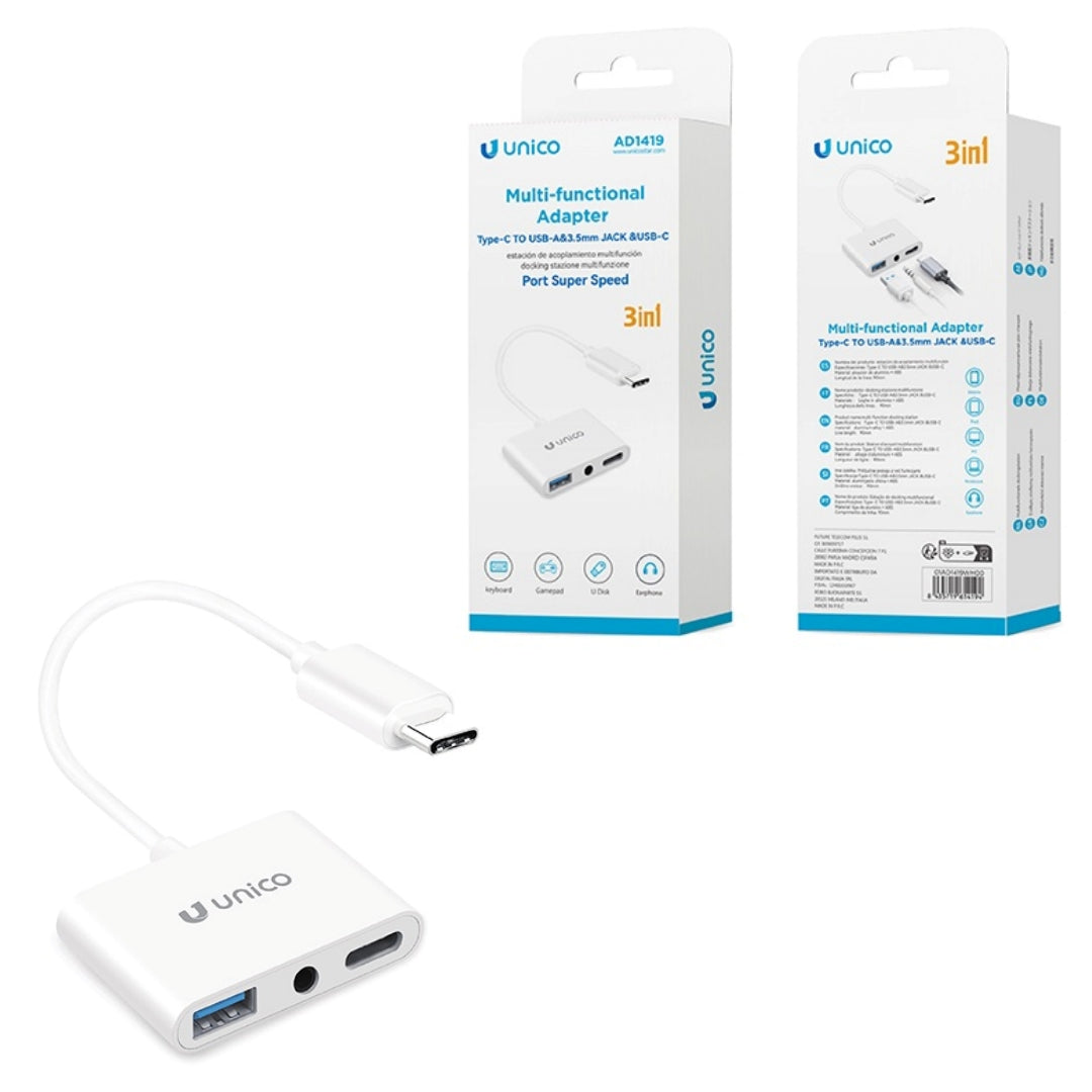UNICO AD1419 ADAPTADOR 3 EN 1 TIPO-C A USB, JACK 3.5MM Y TIPO-C BLANCO