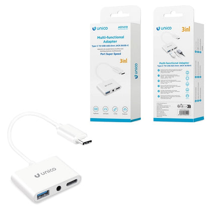 UNICO AD1419 ADAPTADOR 3 EN 1 TIPO-C A USB, JACK 3.5MM Y TIPO-C BLANCO