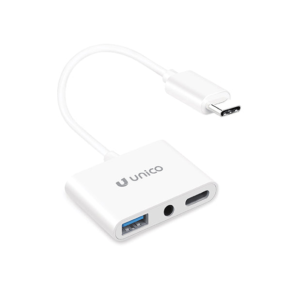 UNICO AD1419 ADAPTADOR 3 EN 1 TIPO-C A USB, JACK 3.5MM Y TIPO-C BLANCO