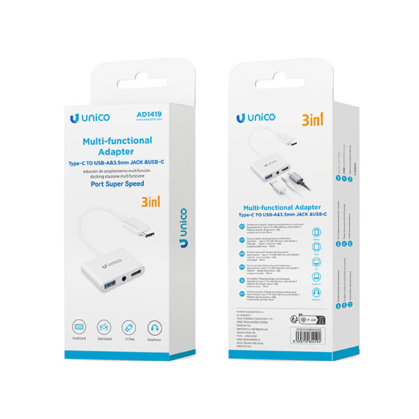 UNICO AD1419 ADAPTADOR 3 EN 1 TIPO-C A USB, JACK 3.5MM Y TIPO-C BLANCO