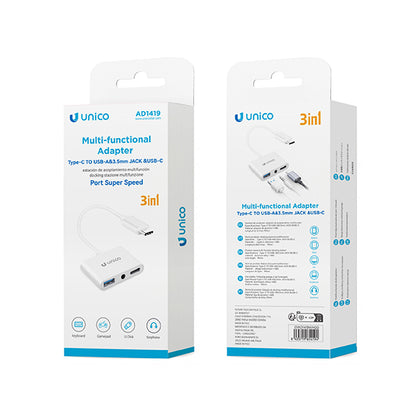 UNICO AD1419 ADAPTADOR 3 EN 1 TIPO-C A USB, JACK 3.5MM Y TIPO-C BLANCO