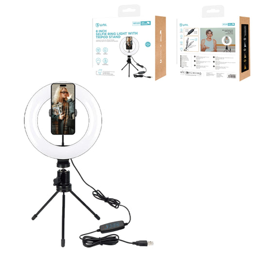 UNICO BR1485 TRIPODE CON ARO DE LUZ 8" DIAMETRO 20CM PARA MOVIL USB NEGRO