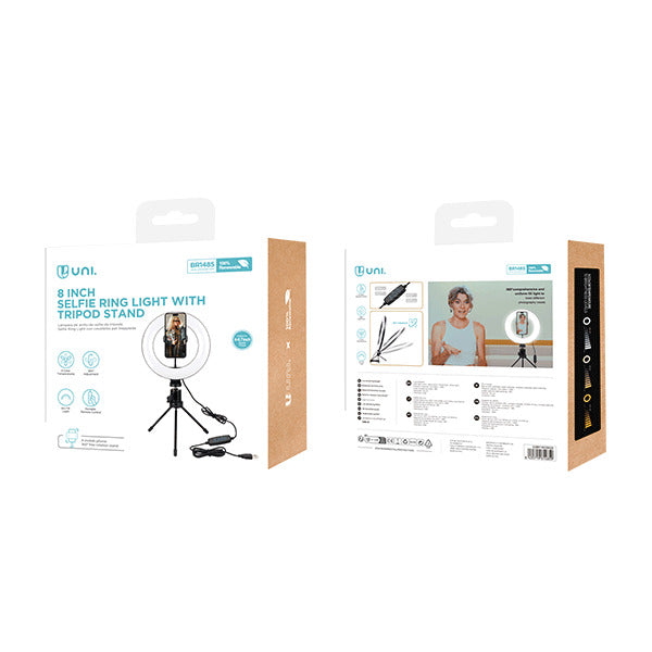 UNICO BR1485 TRIPODE CON ARO DE LUZ 8" DIAMETRO 20CM PARA MOVIL USB NEGRO