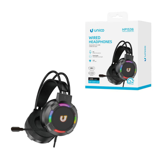 UNICO HP1536 AURICULARES DIADEMA GAMING CABLE 2M USB RGB LED JACK 3.5MM NEGRO