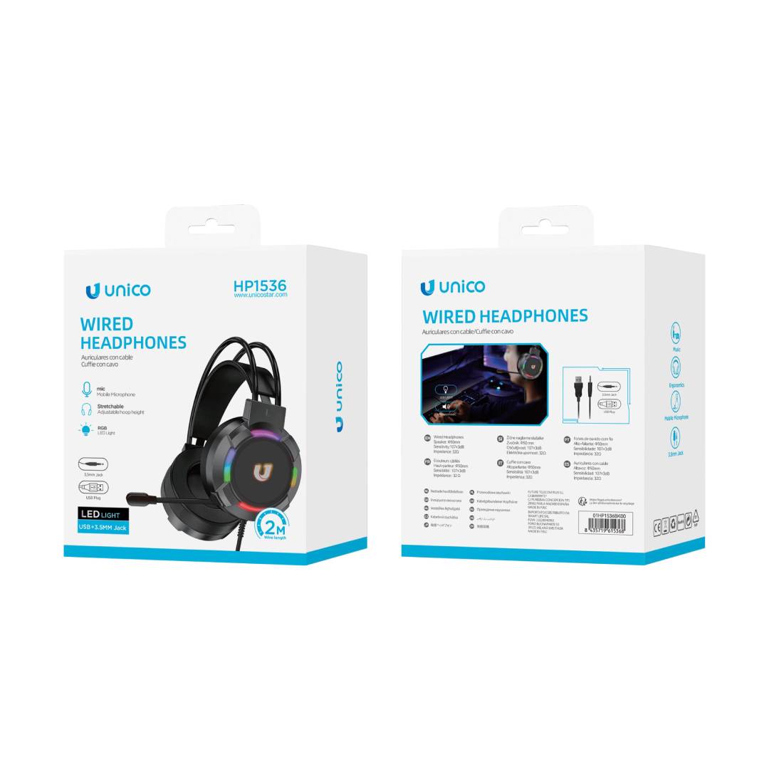UNICO HP1536 2M HEADSET COM FIO COM JACK DE 3,5 MM E HEADSET PARA JOGOS RGB - PRETO