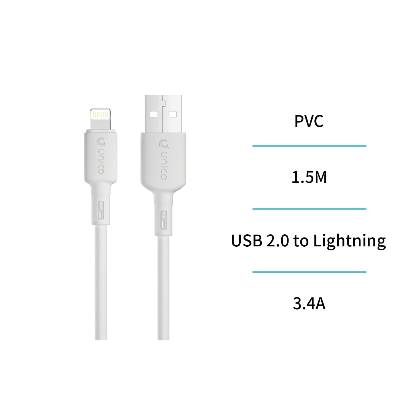 UNICO CB1792W CABLE USB A LIGHTNING 3.4A 1.5M BLANCO