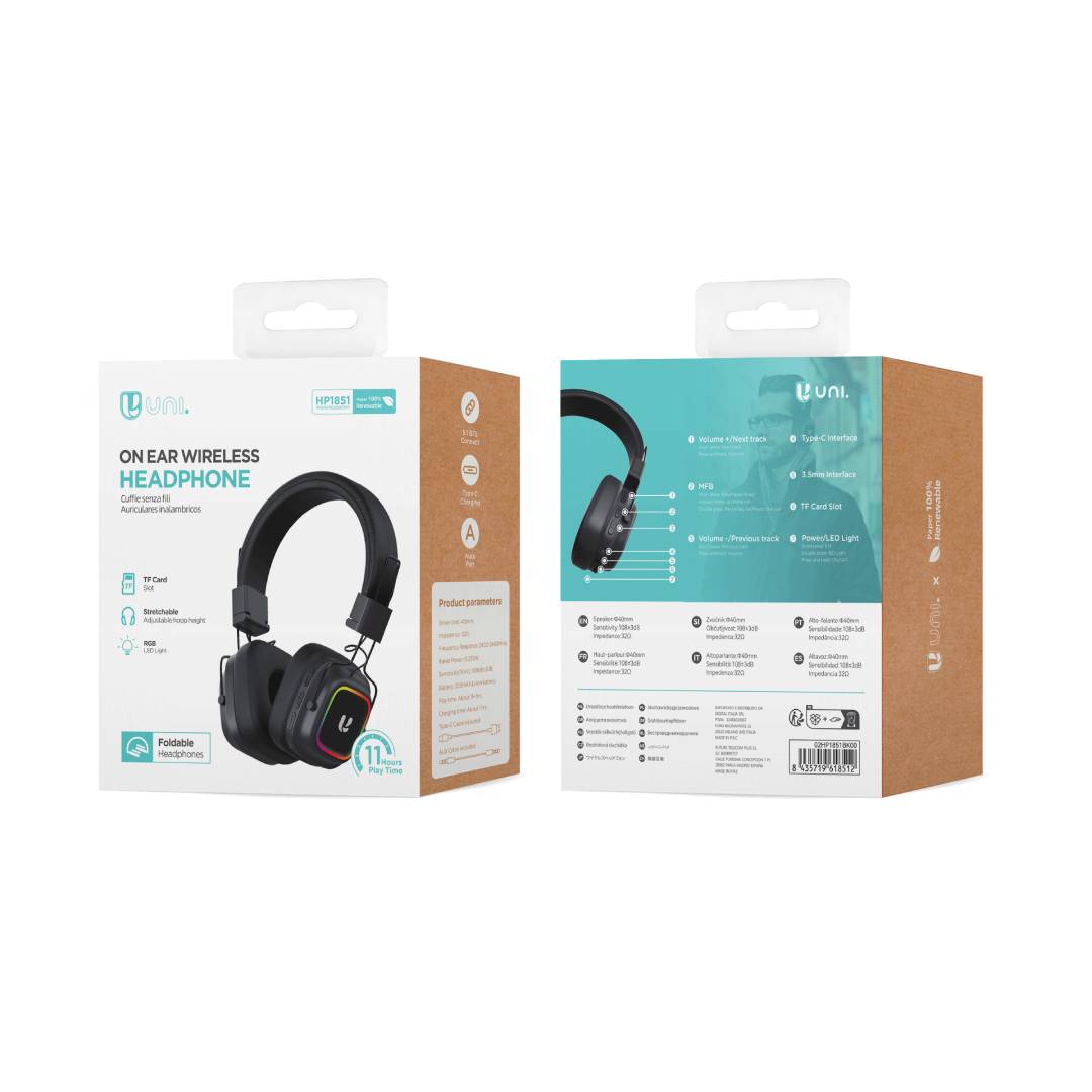 UNICO HP1851 AUSCULTADOR BLUETOOTH 5.1 CABO + CABO JACK TYPE C 3,5 MM RGB HEADBAND BLACK