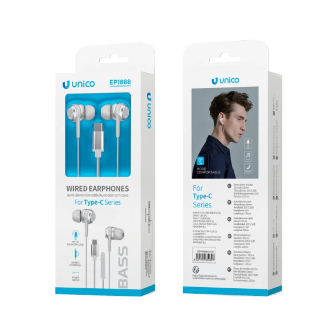 UNICO EP1888 HEADPHONES CABLE TYPE-C IN-EAR MICRO BASS GRAY