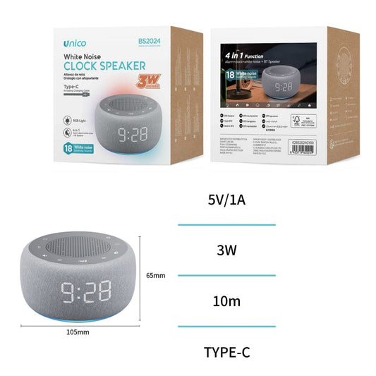 UNICO BS2024 ALTAVOZ BLUETOOTH 5.3 3W RELOJ ALARMA RGB LED NOISE 1000 MAH TIPO-C BLANCO GRIS