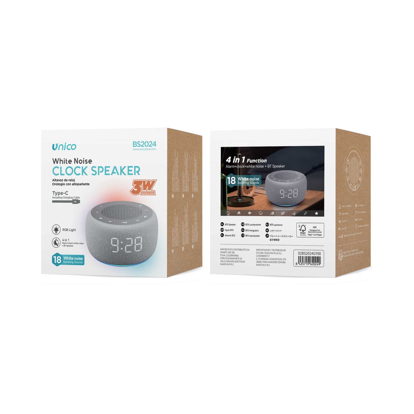 UNICO BS2024 ALTAVOZ BLUETOOTH 5.3 3W RELOJ ALARMA RGB LED NOISE 1000 MAH TIPO-C BLANCO GRIS