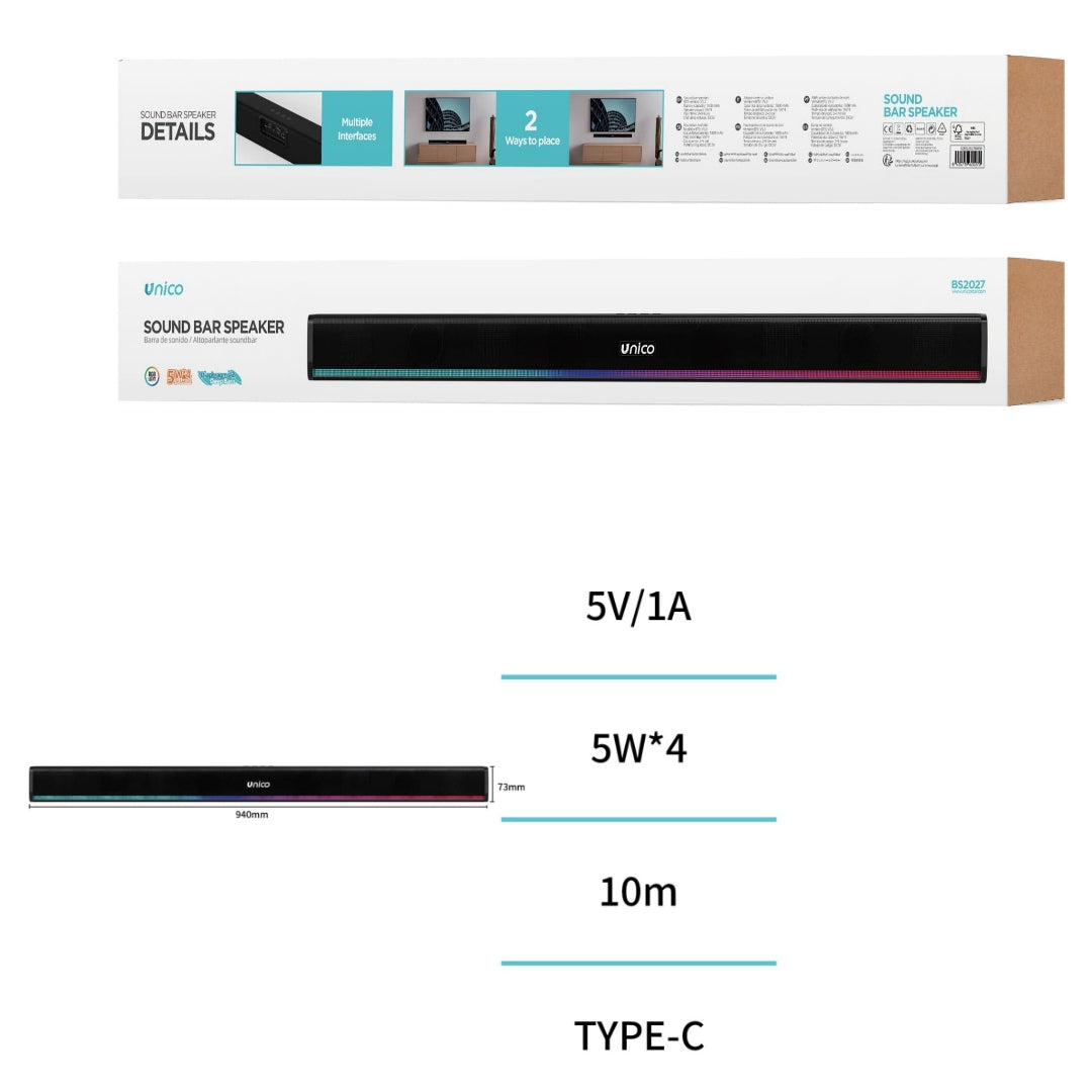 UNICO BS2027 BARRA SONIDO BLUETOOTH 5.3 20W 94CM DEEP BASS RGB LED 1800MAH MULTI INTERFACES TIPO-C
