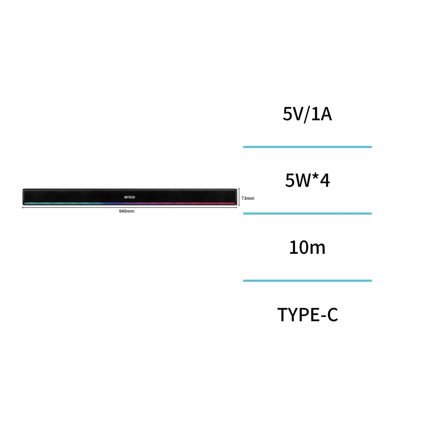 UNICO BS2027 BARRA SONIDO BLUETOOTH 5.3 20W 94CM DEEP BASS RGB LED 1800MAH MULTI INTERFACES TIPO-C