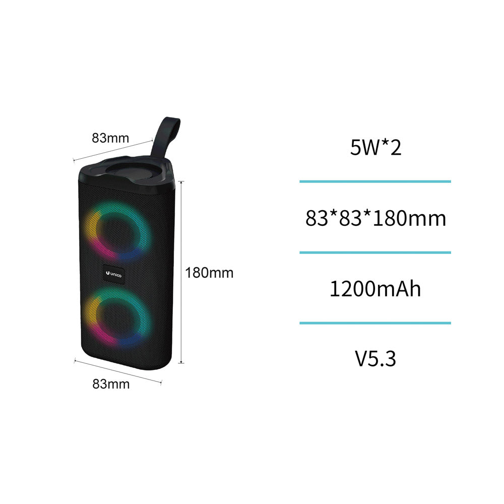 UNICO BS2037 ALTAVOZ BLUETOOTH 5.3 10W RGB LED SPLASH PROOF 18CM 1200MAH TIPO-C NEGRO