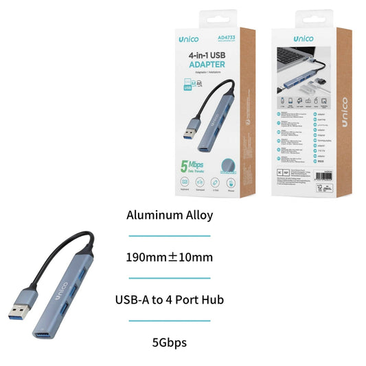 UNICO AD4733 HUB ADAPTADOR ALUMINIO 4 EN 1 USB 3.0A A 4 USB 2.0 GRIS