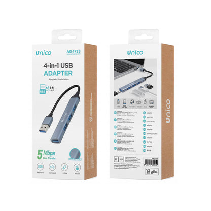 UNICO AD4733 HUB ADAPTADOR ALUMINIO 4 EN 1 USB 3.0A A 4 USB 2.0 GRIS