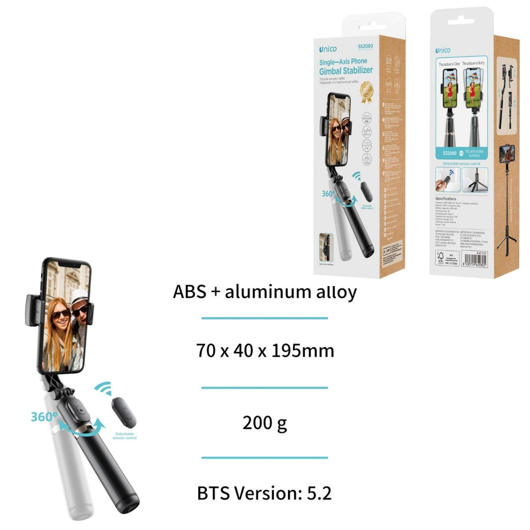 UNICO SS2080 PALO SELFIE GIMBAL TRIPODE Y MANDO BLUETOOTH 5.2 75CM TIPO-C NEGRO