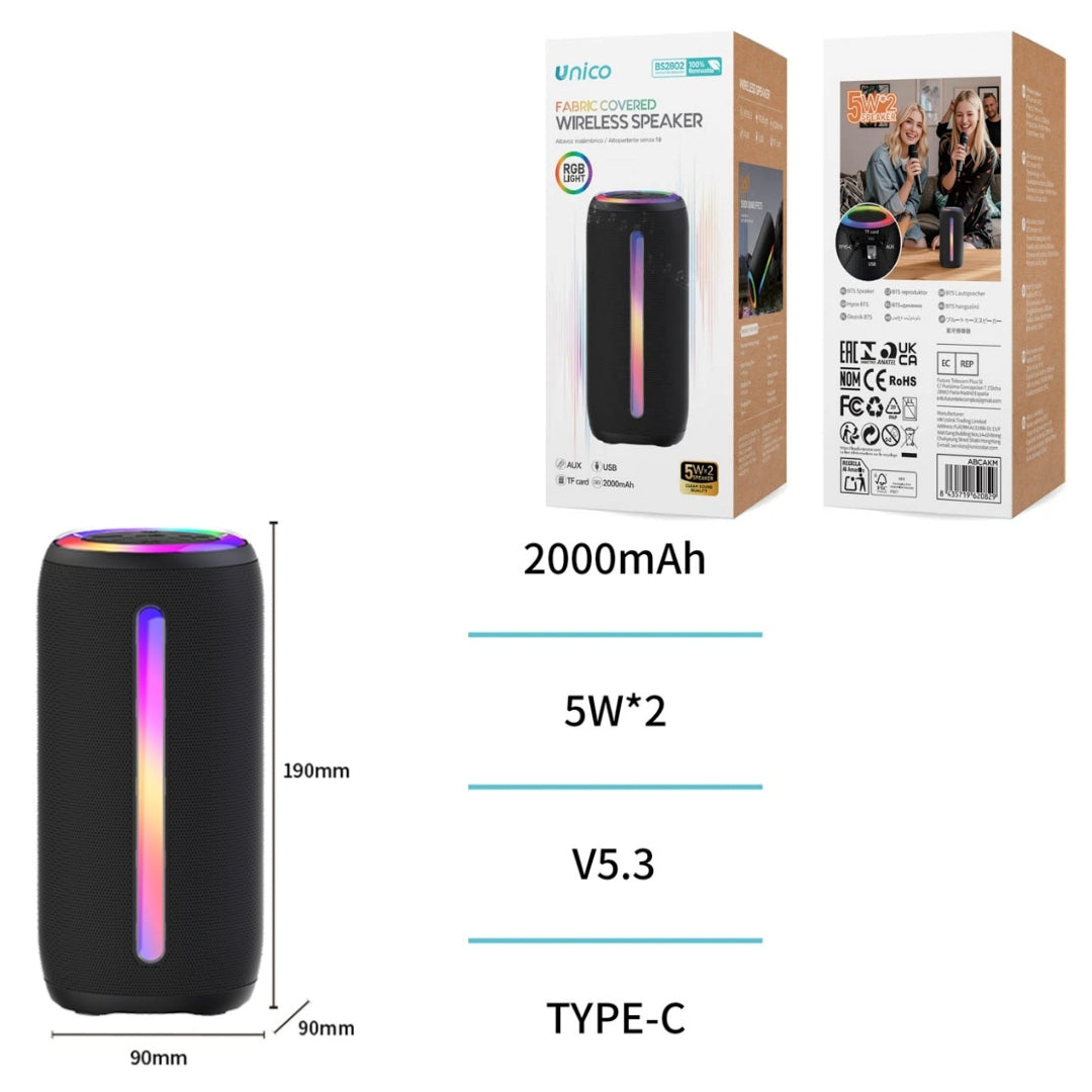 UNICO BS2802 ALTAVOZ BLUETOOTH 5.3 10W RGB LED MICROSD JACK TIPO-C 2000MAH NEGRO