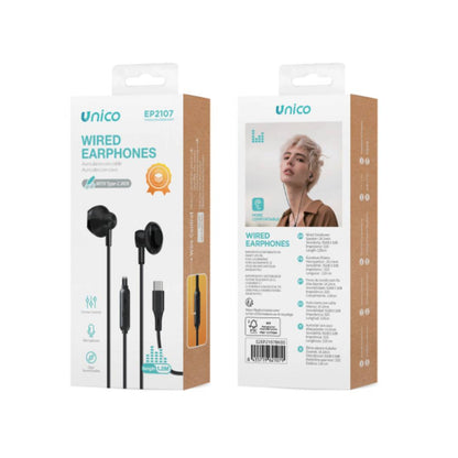 UNICO EP2107 TYPE-C CABLE HEADPHONES SEMI IN-EAR MICRO BLACK
