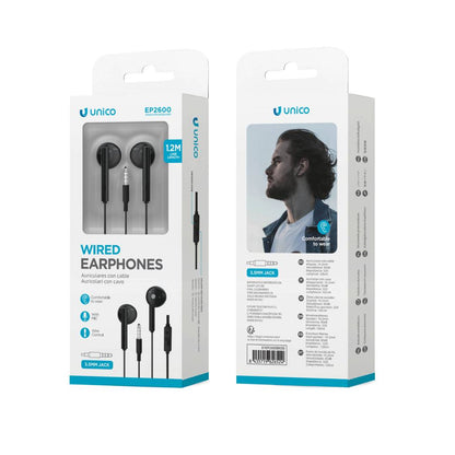UNICO EP2600 AUSCULTADOR CABO JACK 3,5MM SEMI IN-EAR MICRO PRETO
