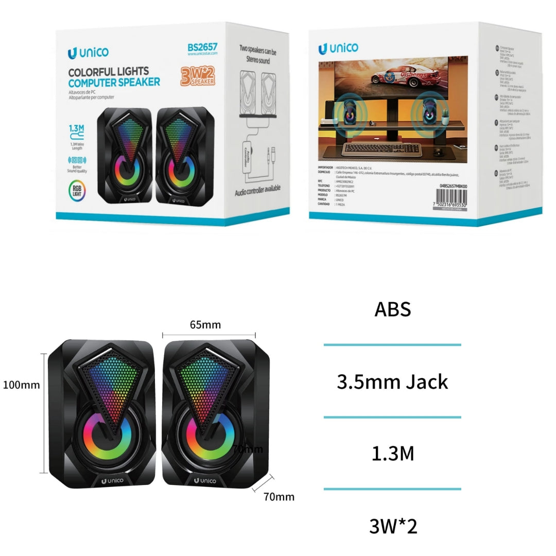 UNICO BS2657 ALTAVOCES PC STEREO 3W X 2 RGB LED USB JACK GAMING NEGRO