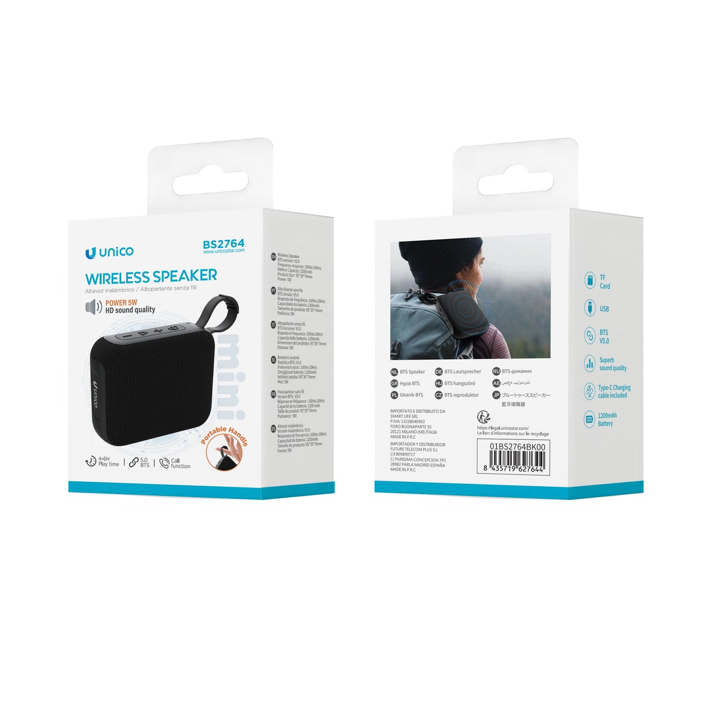 UNICO BS2764 ALTAVOZ BLUETOOTH 5.0 5W MINI PORTABLE 9CM TELA TIPO-C NEGRO