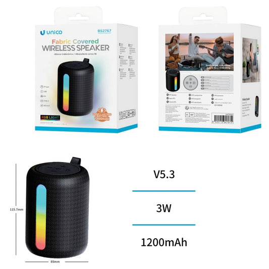 UNICO BS2767 ALTAVOZ BLUETOOTH 5.3 3W RGB LED MINI PORTABLE TELA 1200MAH TIPO-C NEGRO