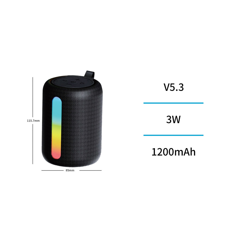 UNICO BS2767 ALTAVOZ BLUETOOTH 5.3 3W RGB LED MINI PORTABLE TELA 1200MAH TIPO-C NEGRO