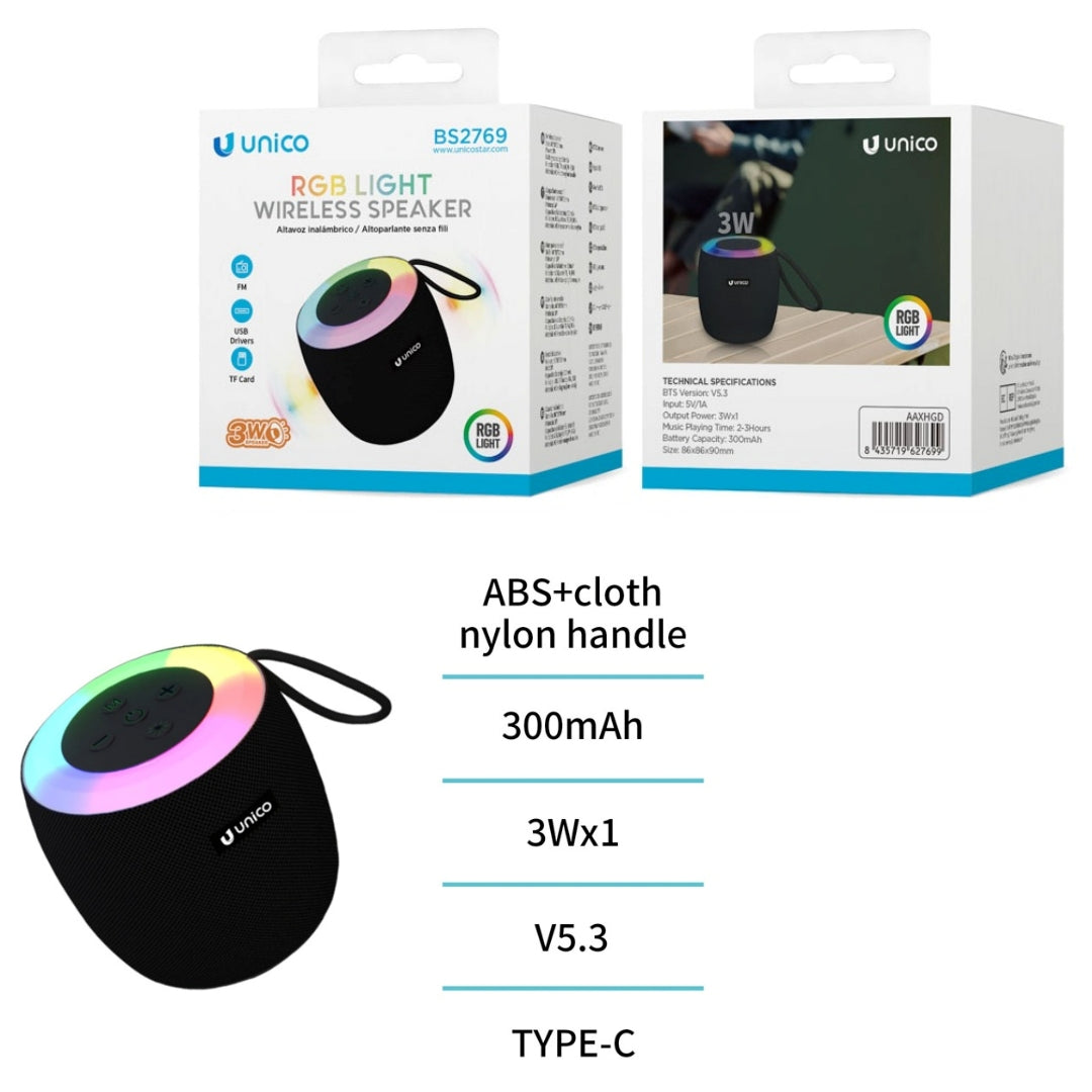 UNICO BS2769 ALTAVOZ BLUETOOTH 5.3 3W RGB LED MICROSD FM TIPO-C 300MAH MINI NEGRO