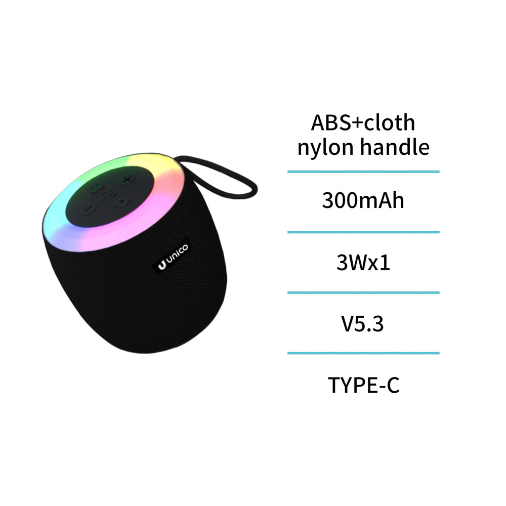 UNICO BS2769 ALTAVOZ BLUETOOTH 5.3 3W RGB LED MICROSD FM TIPO-C 300MAH MINI NEGRO