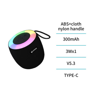 UNICO BS2769 ALTAVOZ BLUETOOTH 5.3 3W RGB LED MICROSD FM TIPO-C 300MAH MINI NEGRO