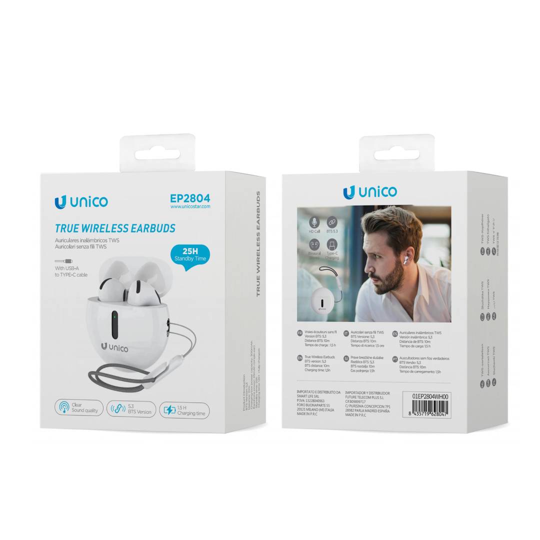 UNICO EP2804 BLUETOOTH 5.3 TWS SEMI IN-EAR HEADPHONES WHITE CORD