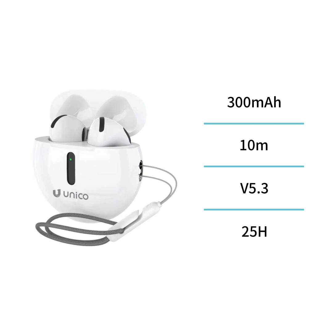 UNICO EP2804 BLUETOOTH 5.3 TWS SEMI IN-EAR HEADPHONES WHITE CORD