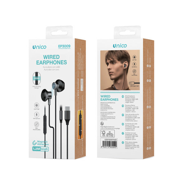 UNICO EP3009 AURICULARES CABLE TIPO-C SEMI IN-EAR MICRO MAGNETIC GRIS