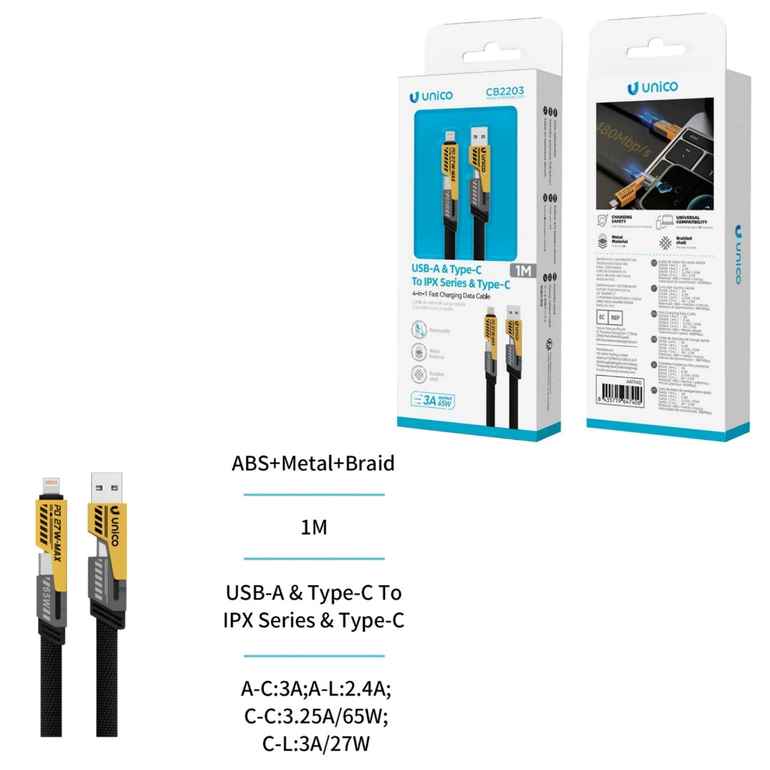 UNICO CB2203 CABLE 4EN1 USB-LIGHTNING, USB-TIPO C, TIPO C-LIGHTNING, TIPO C-TIPO C 1M CARGA RAPIDA