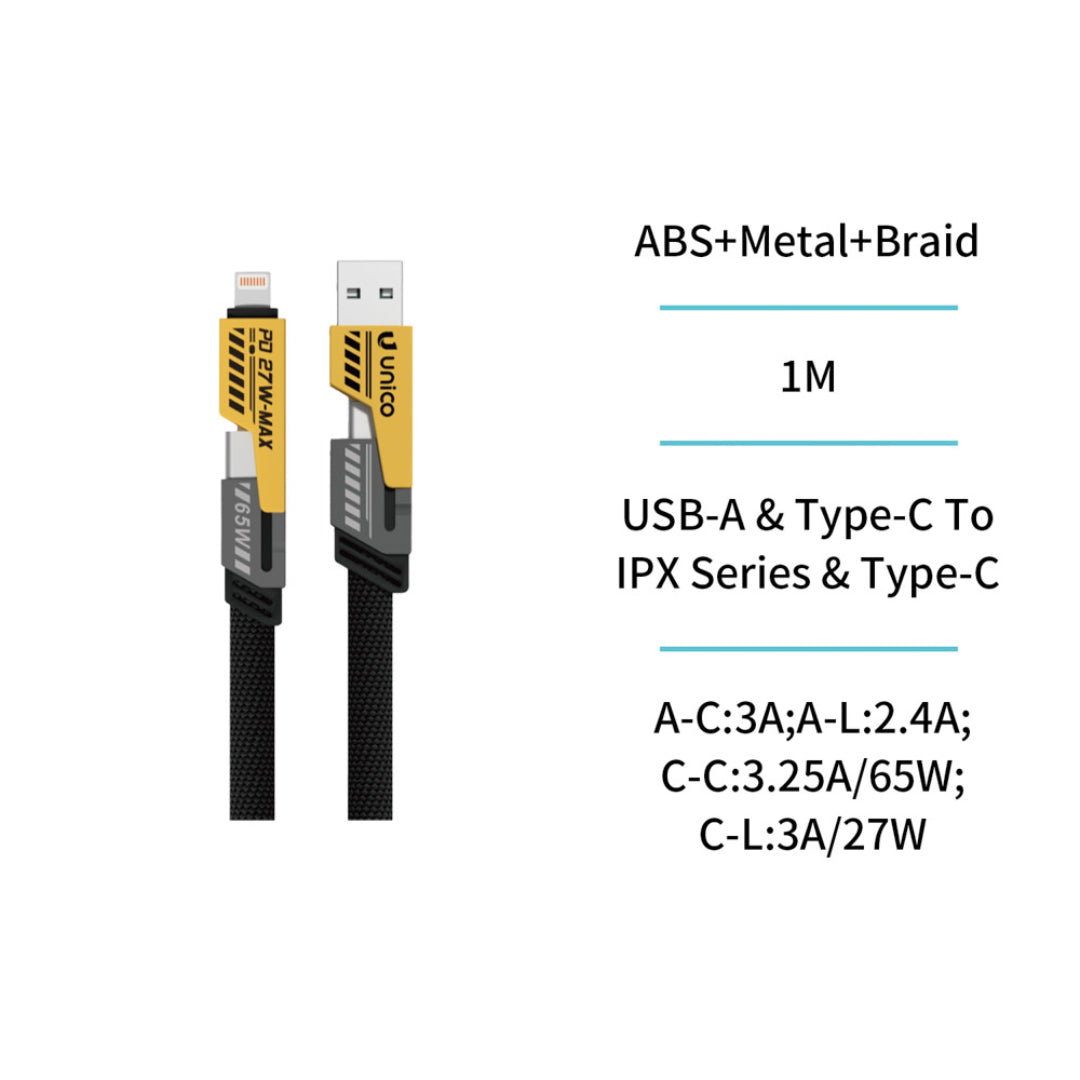 UNICO CB2203 CABLE 4EN1 USB-LIGHTNING, USB-TIPO C, TIPO C-LIGHTNING, TIPO C-TIPO C 1M CARGA RAPIDA