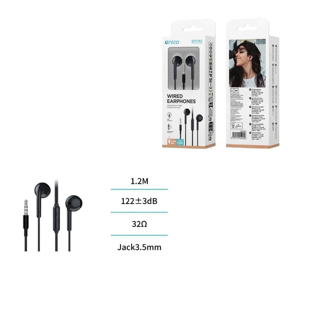 UNICO EP1782 AURICULARES CABLE JACK 3.5MM SEMI IN-EAR MICRO NEGRO