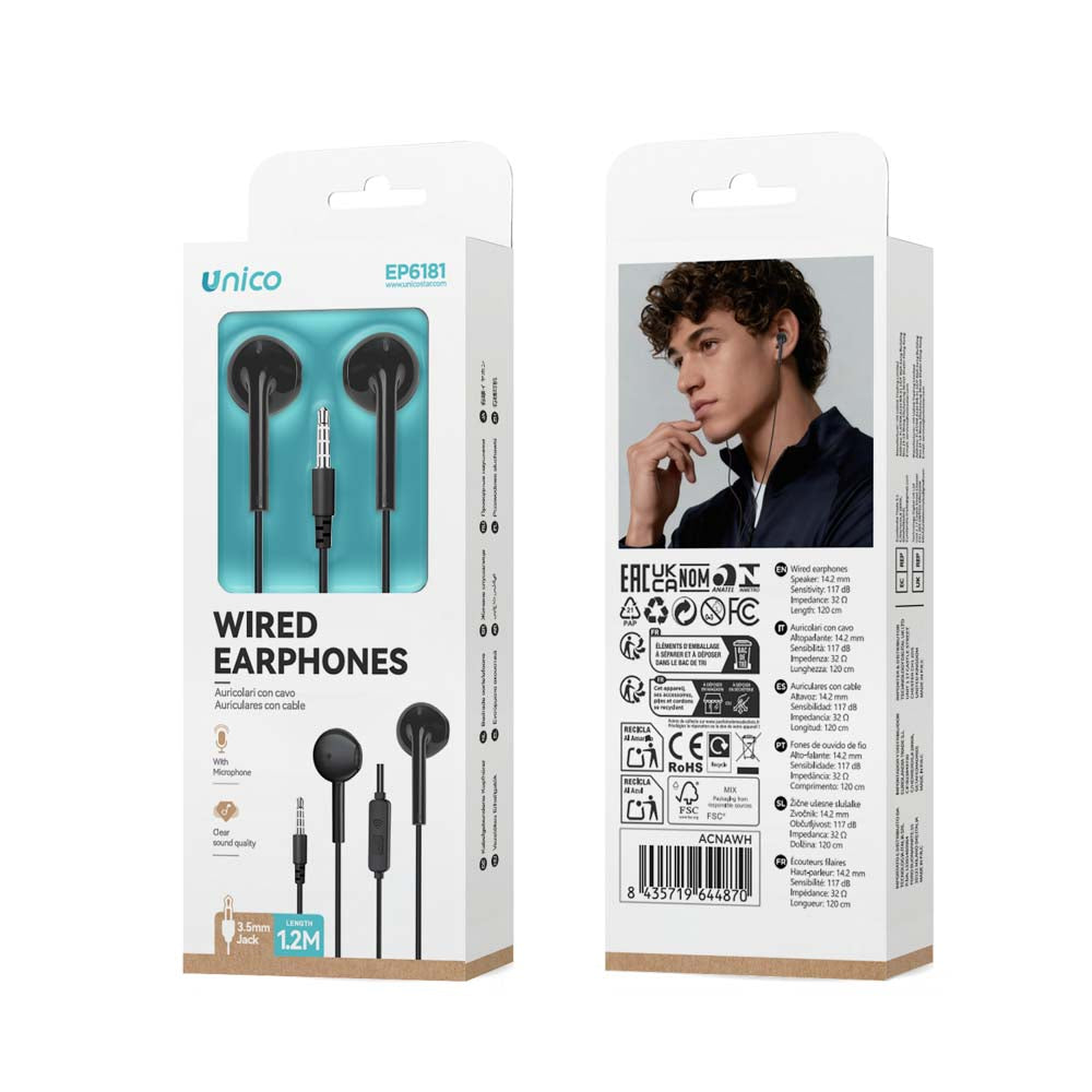 UNICO EP6181 AURICULARES CABLE Jack 3.5MM SEMI IN-EAR MICRO NEGRO