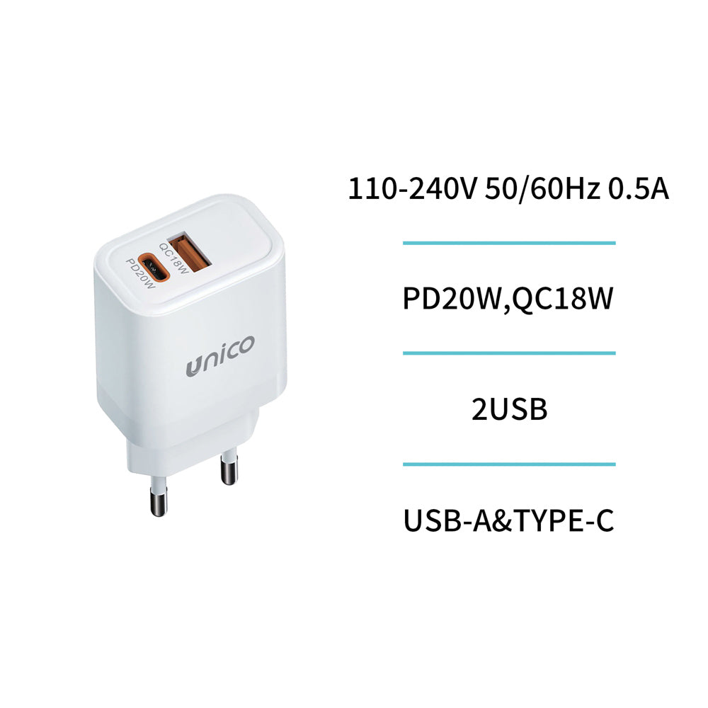 UNICO HC1687 CARGADOR DUAL 1 USB A + 1 TIPO-C PD20W QC18W BLANCO