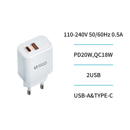 UNICO HC1687 CARGADOR DUAL 1 USB A + 1 TIPO-C PD20W QC18W BLANCO