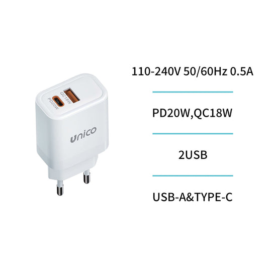 UNICO HC1687 CARGADOR DUAL 1 USB A + 1 TIPO-C PD20W QC18W BLANCO