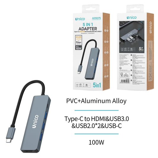 UNICO AD5075 HUB ADAPTADOR ALUMINIO 5 EN 1 PD100W TIPO-C A HDMI 4K UHD, 3 USB, TIPO-C GRIS