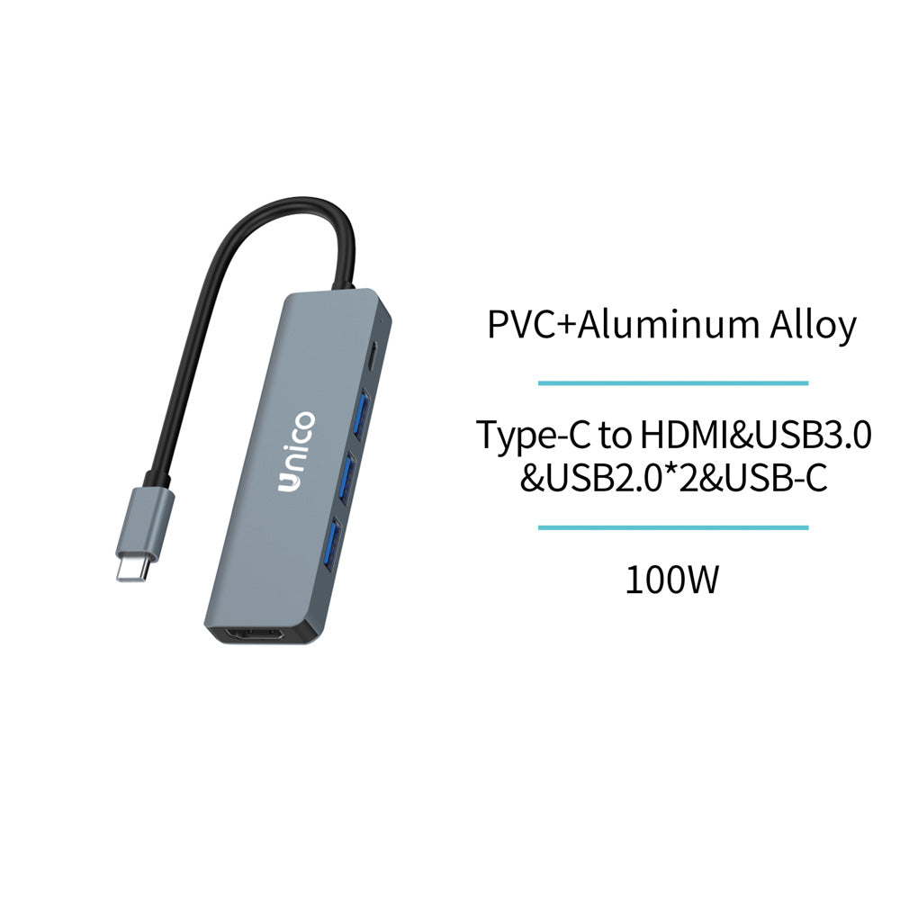 UNICO AD5075 HUB ADAPTADOR ALUMINIO 5 EN 1 PD100W TIPO-C A HDMI 4K UHD, 3 USB, TIPO-C GRIS
