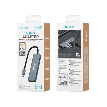 UNICO AD5075 HUB ADAPTADOR ALUMINIO 5 EN 1 PD100W TIPO-C A HDMI 4K UHD, 3 USB, TIPO-C GRIS