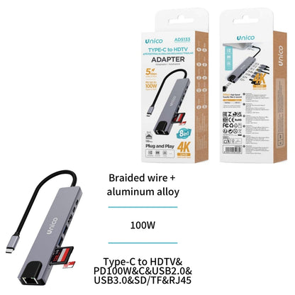UNICO AD5133 HUB ADAPTADOR ALUMINIO 8 EN 1 PD100W TIPO-C A HDMI 4K, PD100W, TIPO-C, USB 2.0, USB 3.0