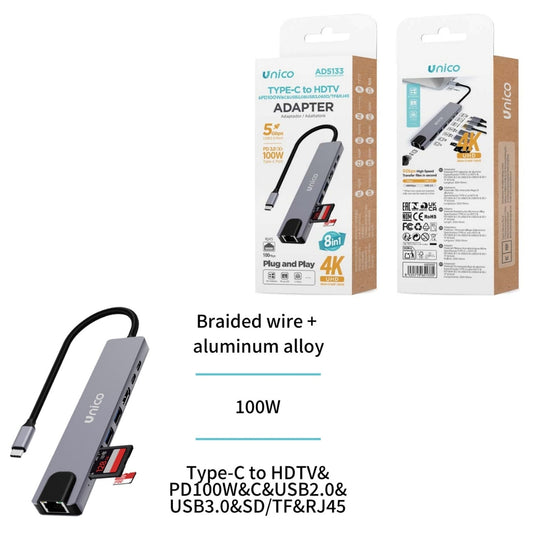 UNICO AD5133 HUB ADAPTADOR ALUMINIO 8 EN 1 PD100W TIPO-C A HDMI 4K, PD100W, TIPO-C, USB 2.0, USB 3.0