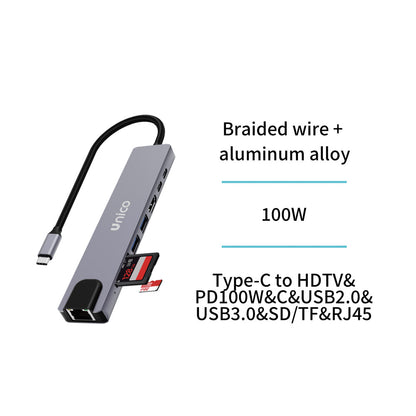 UNICO AD5133 HUB ADAPTADOR ALUMINIO 8 EN 1 PD100W TIPO-C A HDMI 4K, PD100W, TIPO-C, USB 2.0, USB 3.0