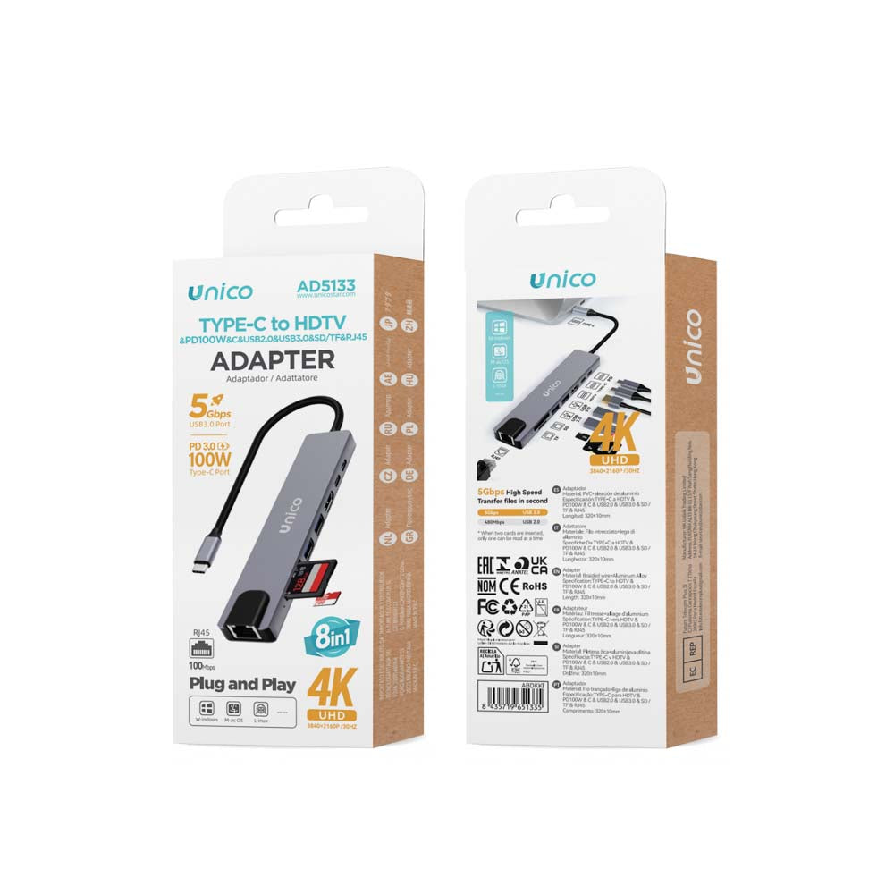 UNICO AD5133 HUB ADAPTADOR ALUMINIO 8 EN 1 PD100W TIPO-C A HDMI 4K, PD100W, TIPO-C, USB 2.0, USB 3.0